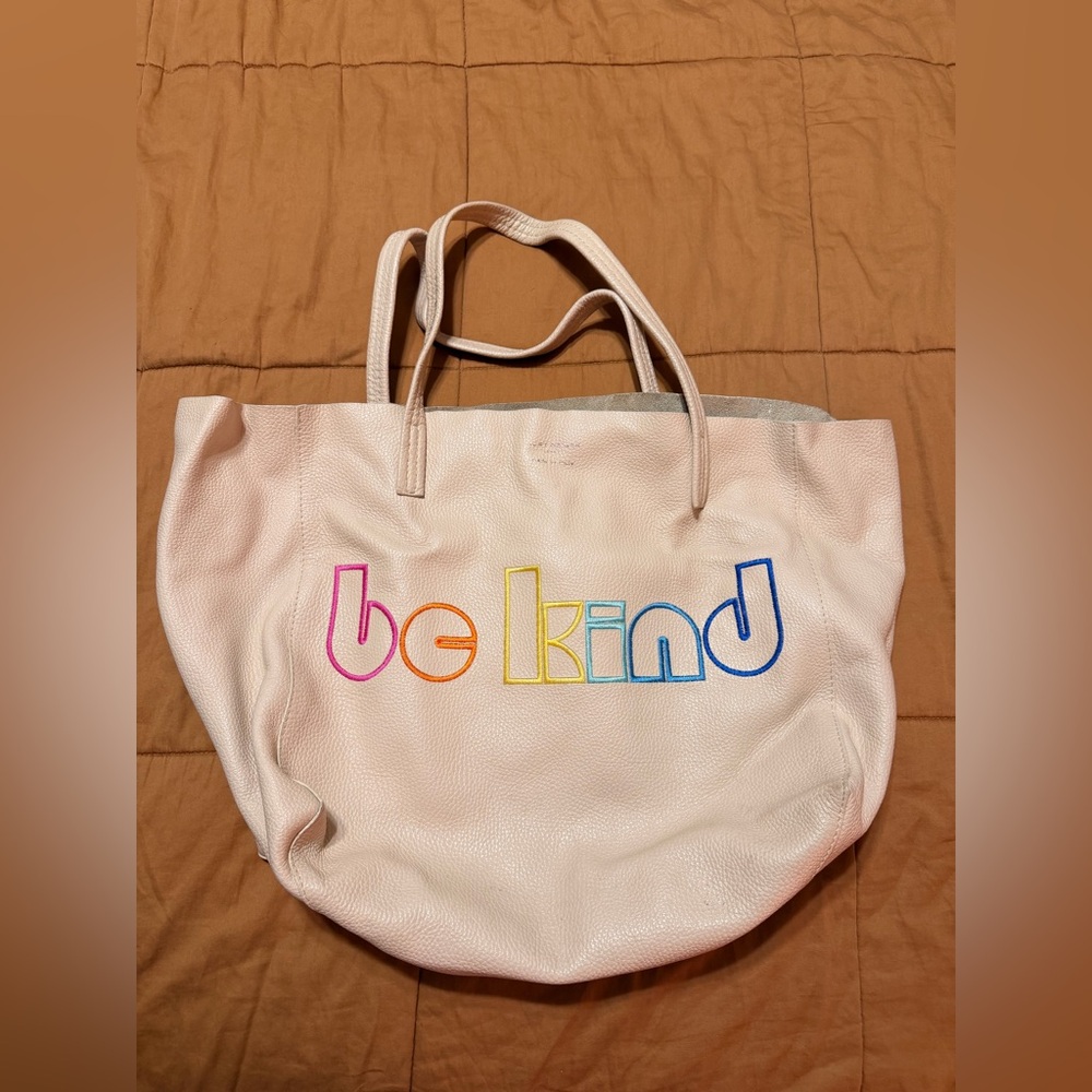 Be Kind Rainbow Embroidered Tan Leather Kurt Geiger Tote